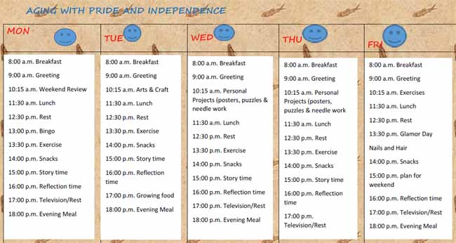 Activity Schedule EEE Adult Day Care And Respite Care Center